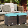 Turquoise cushioned patio ottomans with storage, made of hand-woven PE rattan, ideal for outdoor seating and decor.