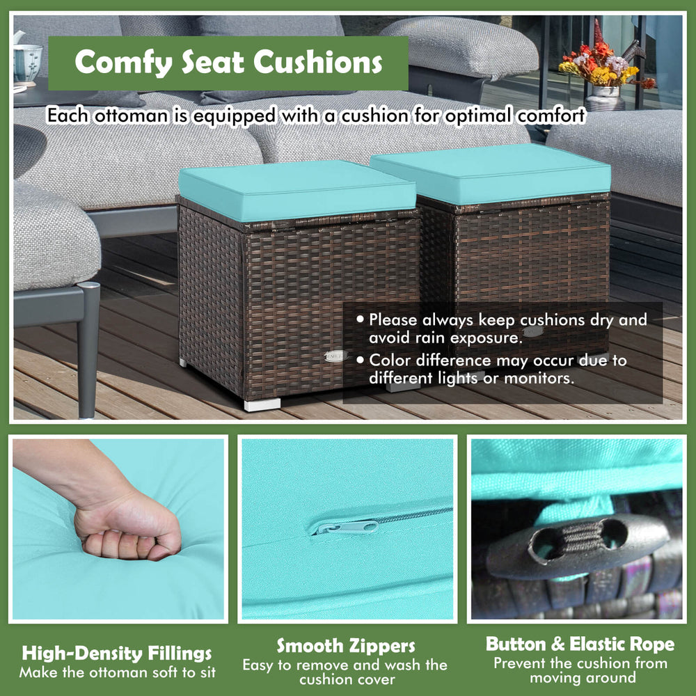 Turquoise patio ottoman set with removable cushions, hand-woven PE rattan, ideal for storage and extra seating.