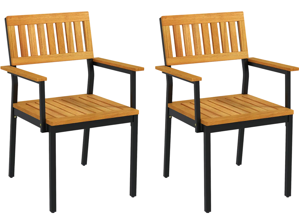 Patio Outdoor Dining Chair Set of 2 with Metal and Acacia Wood Frame