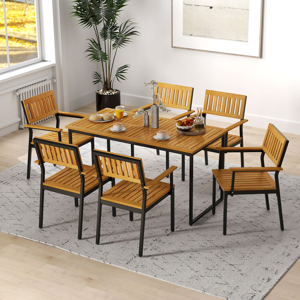 Patio outdoor dining chair set of 2 with smooth acacia wood surface and sturdy metal frame, perfect for stylish outdoor.