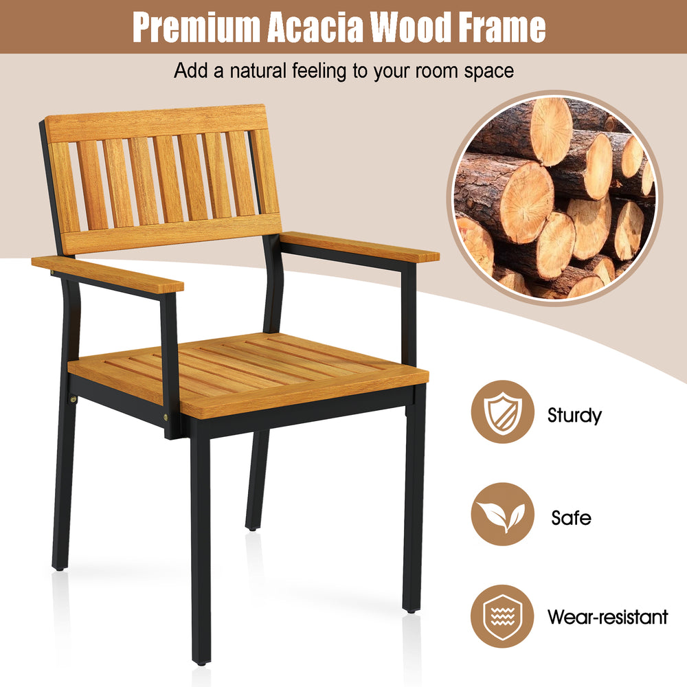 Patio outdoor dining chair with acacia wood frame and metal support, featuring a slatted design for comfort and.