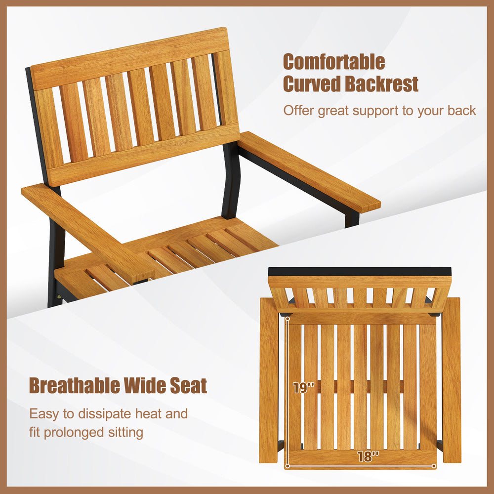 Patio outdoor dining chair with acacia wood frame, curved backrest, and slatted design for comfort and style.