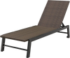Brown PE rattan chaise lounge with 5-level backrest and wheels, perfect for poolside relaxation.
