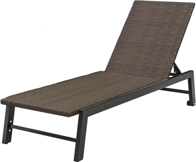 Costway Patio PE Rattan Chaise Lounge 5-Level Backrest Wheels Brown 76458193 New