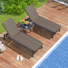 Top view of two brown PE rattan chaise lounges with adjustable backrests and wheels, perfect for stylish outdoor.