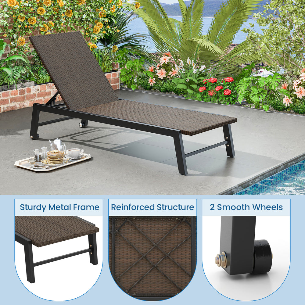 Brown PE rattan chaise lounge with a sturdy metal frame, 5-level backrest, and wheels for easy movement by the poolside.