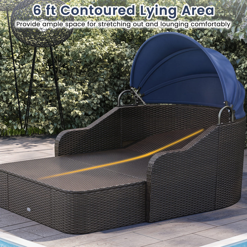 Patio PE rattan daybed with retractable canopy and soft cushions, featuring a 6 ft contoured lying area for comfortable lounging.