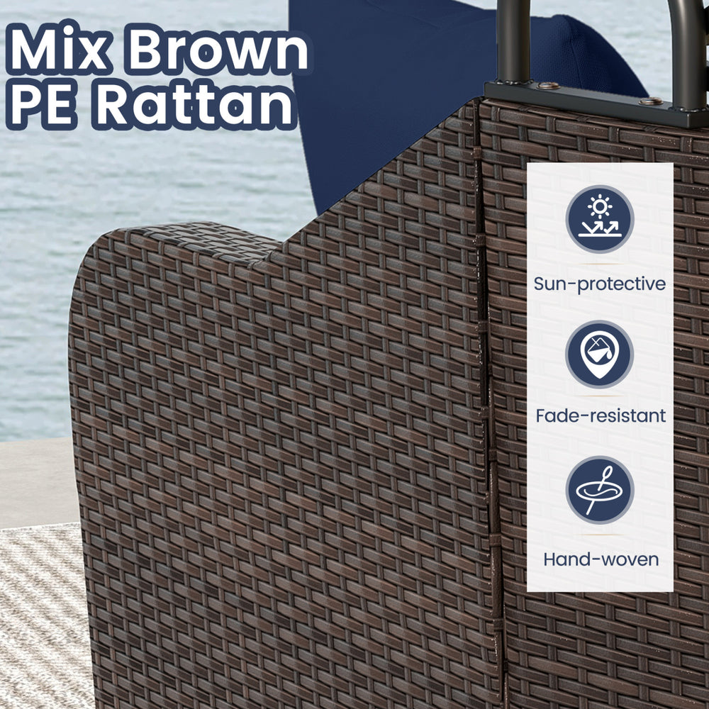 Patio PE rattan daybed features a retractable canopy, soft cushions, and hand-woven mix brown rattan for outdoor relaxation.