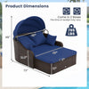 Patio PE rattan daybed with retractable canopy, navy cushions, and dimensions of 73" x 48" x 12" for outdoor relaxation.
