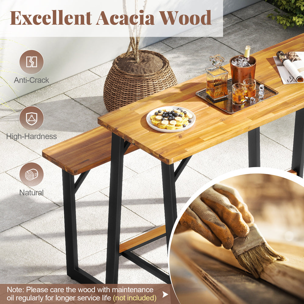 Patio picnic table bench set with acacia wood tabletop, suitable for backyard gatherings, featuring a sturdy metal.