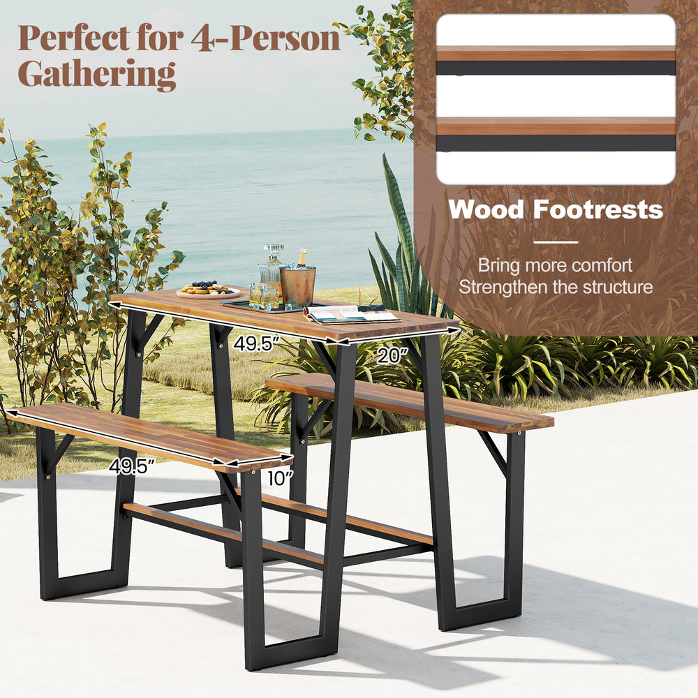 Patio picnic table bench set with acacia wood tabletop, seating for 4, ideal for backyard gatherings.