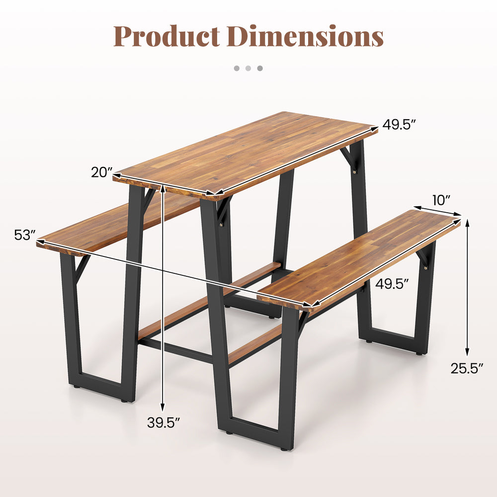 Patio picnic table bench set dimensions showing acacia wood tabletop and benches, suitable for backyard or garden use.