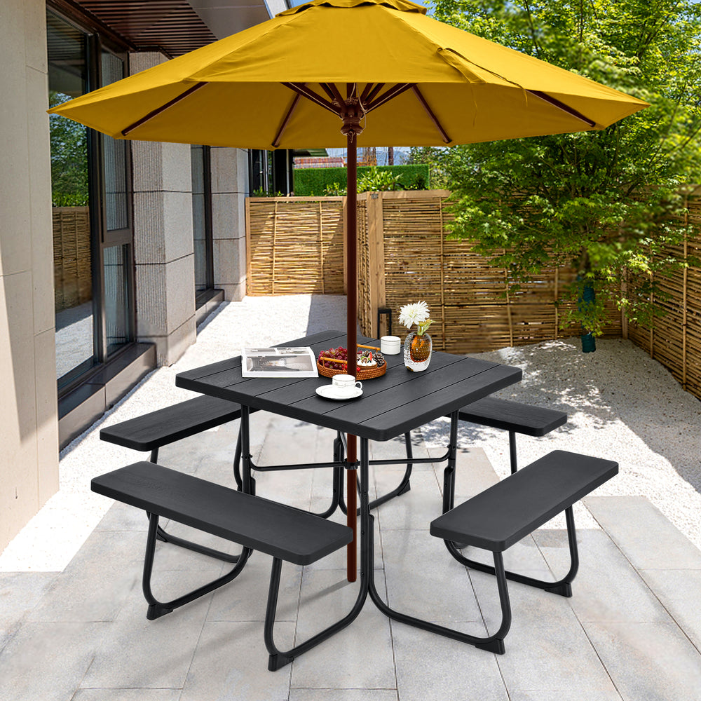 Outdoor Picnic Table with 4 Benches and Umbrella Hole-Black - Gallery View 1 of 11