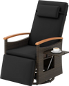 Black patio rattan 360° swivel recliner chair with adjustable backrest, footrest, and foldable side table for outdoor.