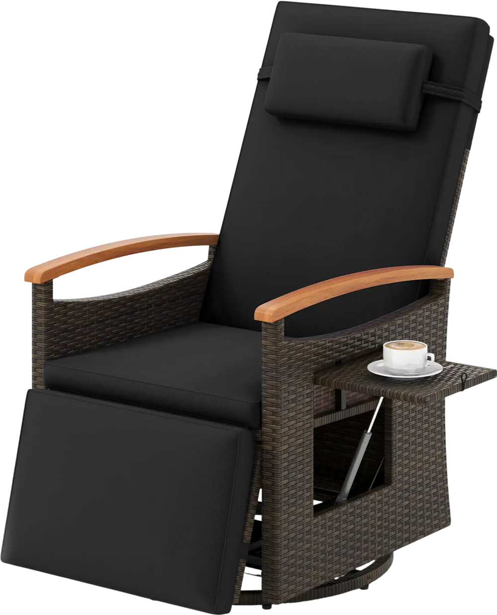 Black patio rattan 360° swivel recliner chair with adjustable backrest, footrest, and foldable side table for outdoor.