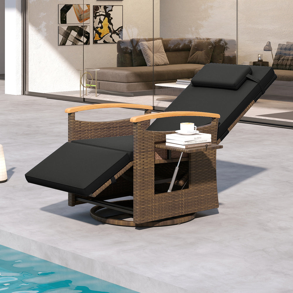 Patio Rattan 360° swivel recliner chair in black with adjustable backrest and foldable side table for outdoor.