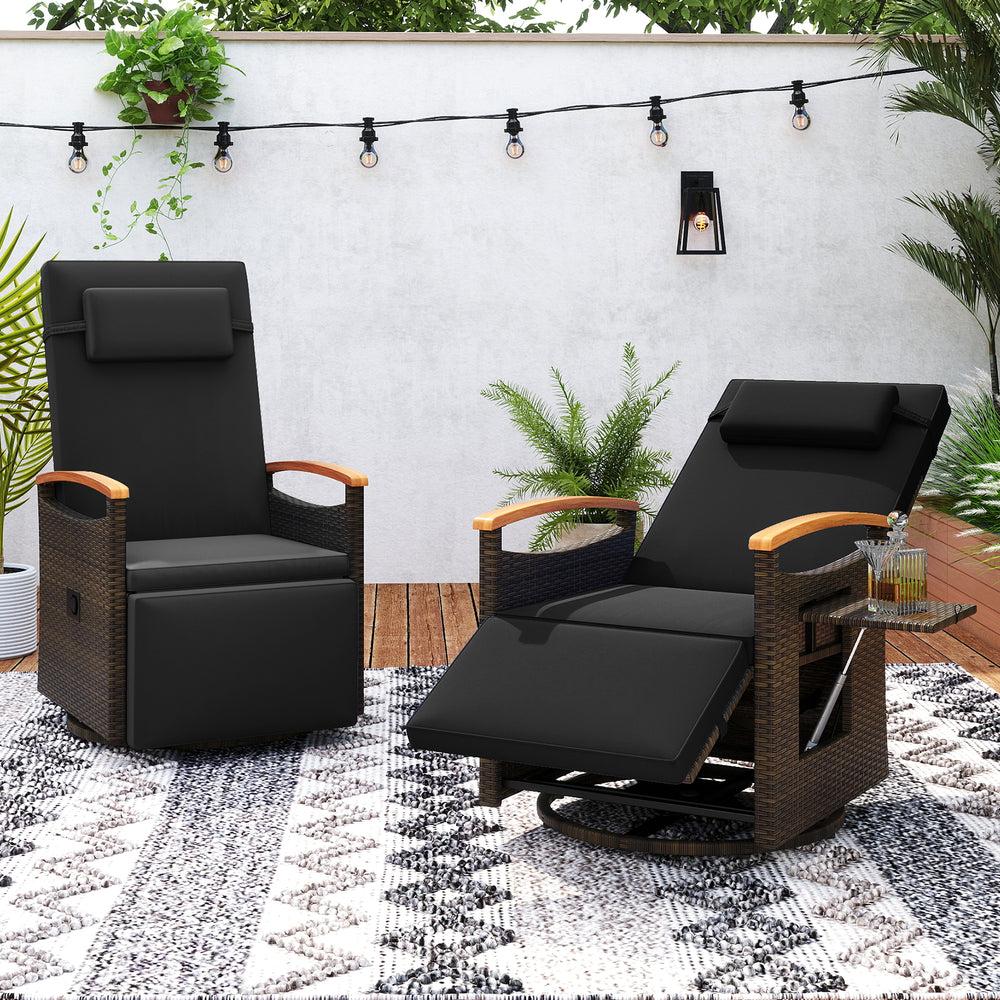 Black patio rattan 360° swivel recliner chair with adjustable backrest and footrest, ideal for backyard relaxation.