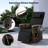Patio Rattan 360° swivel recliner chair with adjustable backrest, black cushion, and foldable side table for outdoor.