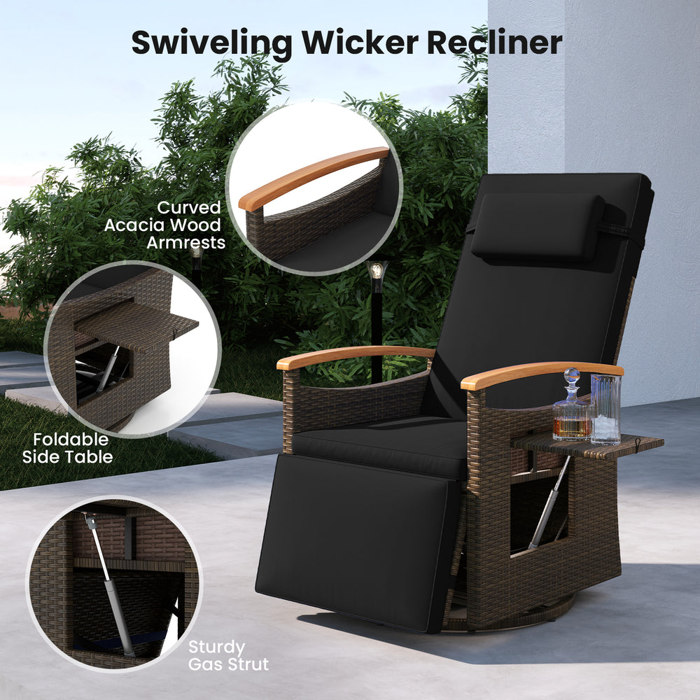 Patio Rattan 360° swivel recliner chair with adjustable backrest, black cushion, and foldable side table for outdoor.
