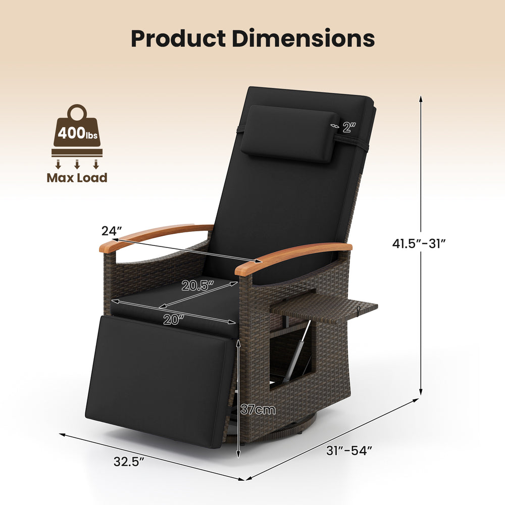 Dimensions of the black Patio Rattan 360° Swivel Recliner Chair with adjustable backrest and footrest for outdoor use.