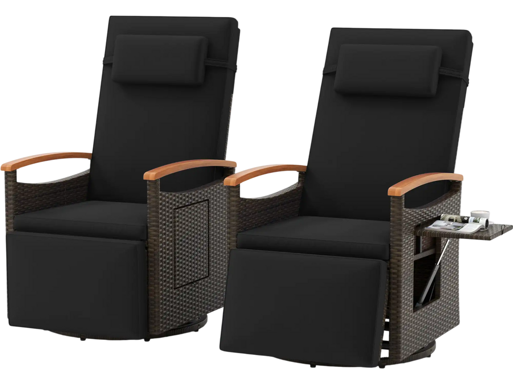 Set of 2 black patio rattan swivel recliner chairs with adjustable backrests and foldable side table for outdoor.