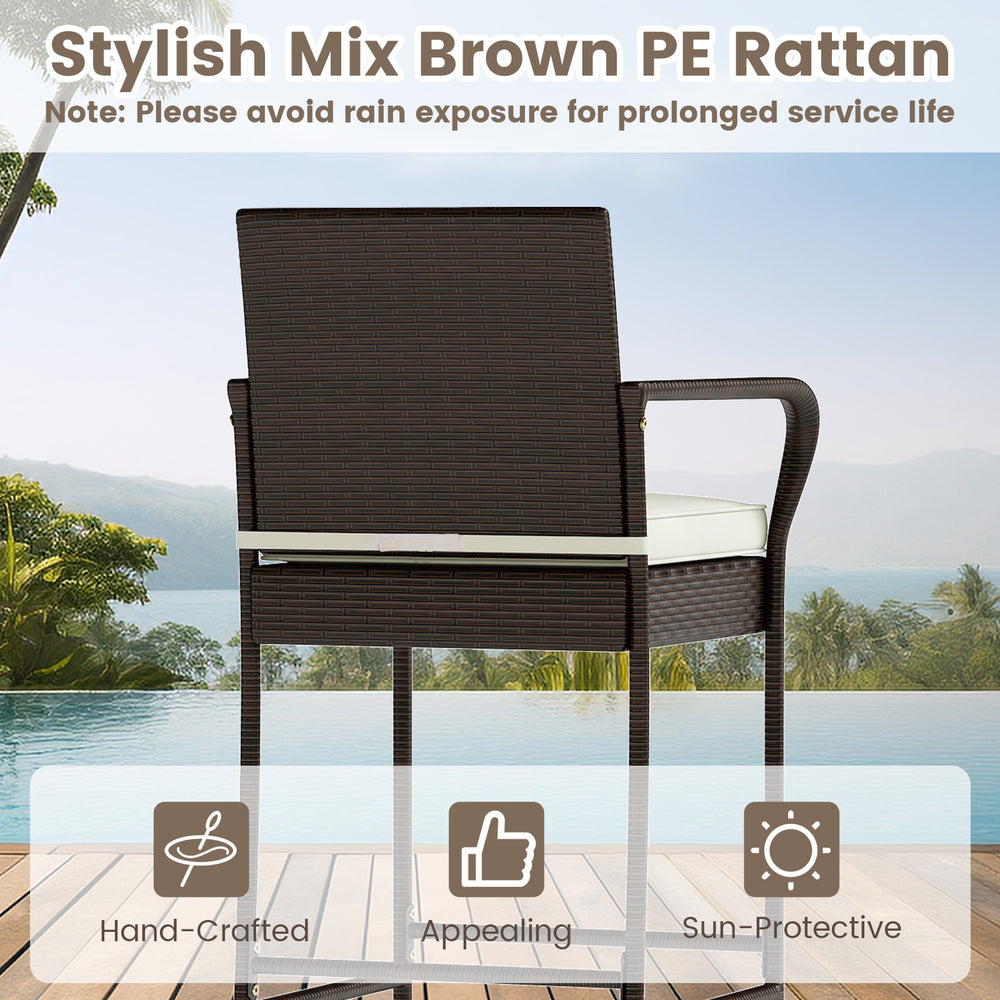 Bar height chair in stylish mix brown PE rattan with cushion, perfect for porch or poolside relaxation.