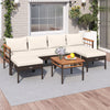 L-shaped patio rattan sofa set with cream cushions and acacia wood side table, perfect for backyard relaxation.