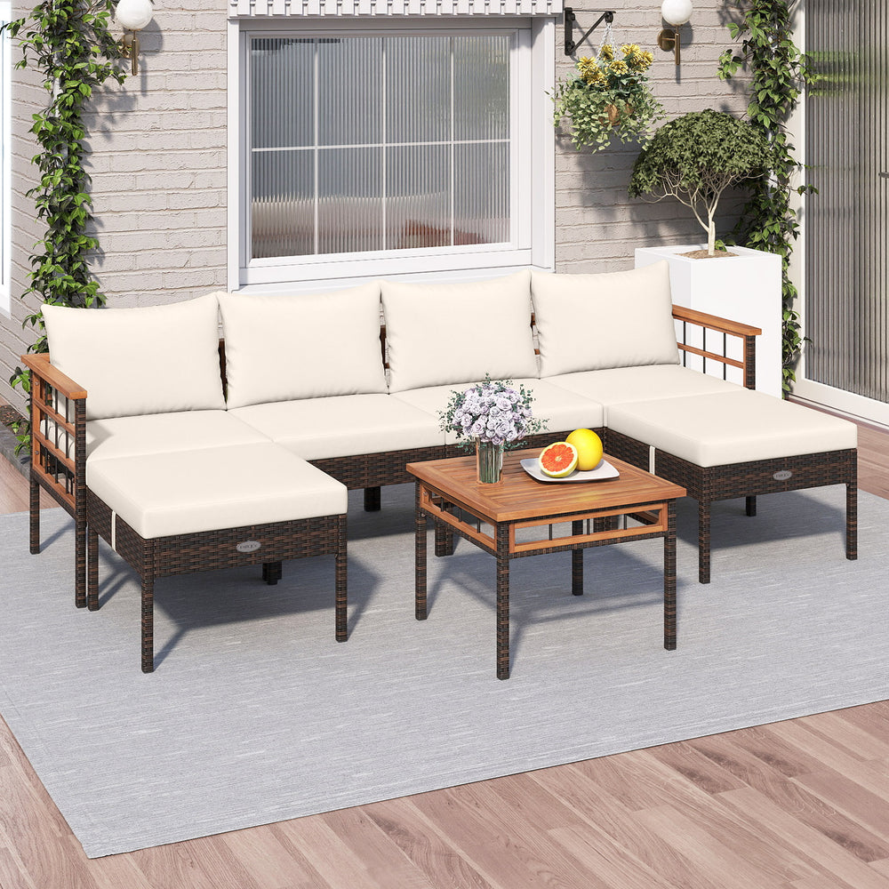 L-shaped patio rattan sofa set with cream cushions and acacia wood side table, perfect for backyard relaxation.