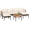 L-shaped patio rattan sofa set with ottomans and side table, featuring soft white cushions for backyard relaxation.