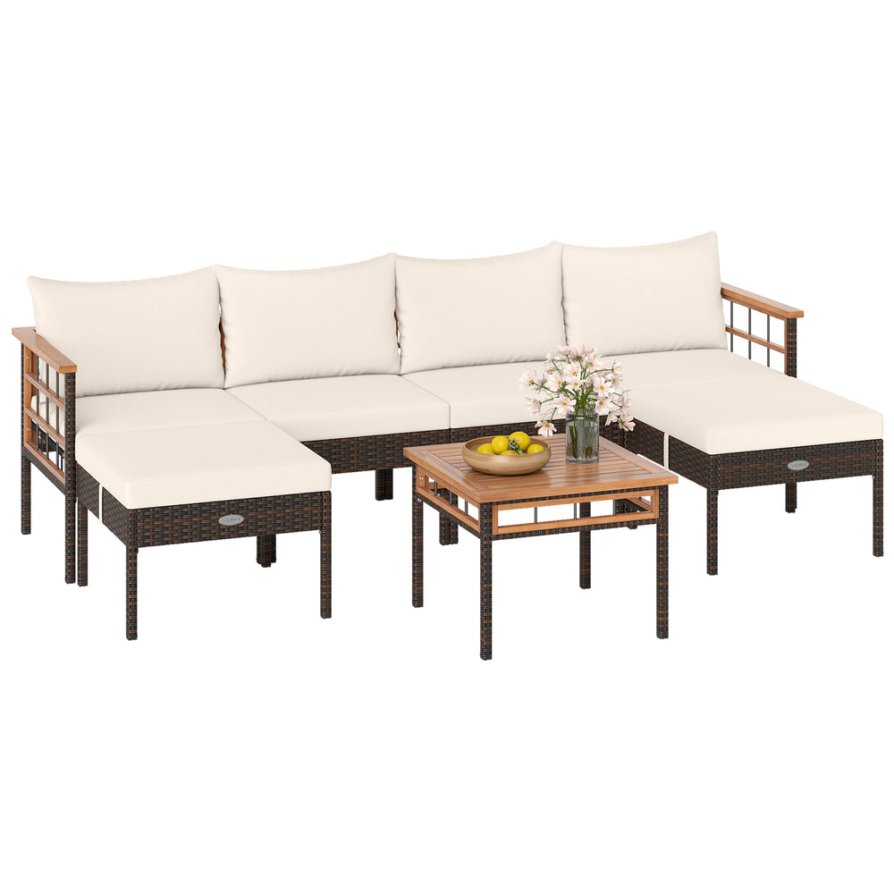 L-shaped patio rattan sofa set with ottomans and side table, featuring soft white cushions for backyard relaxation.