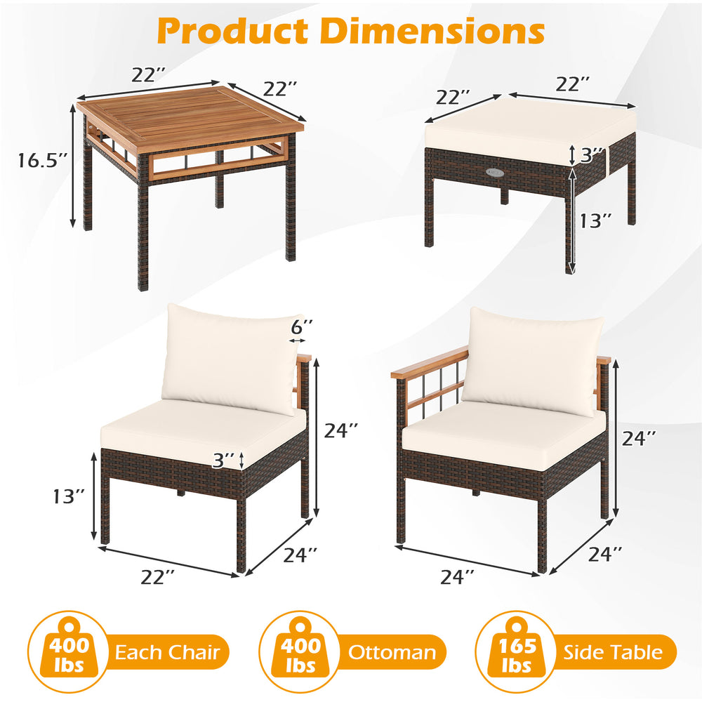 Patio rattan chairs with ottomans and side table, featuring acacia wood and soft cushions, ideal for backyard.