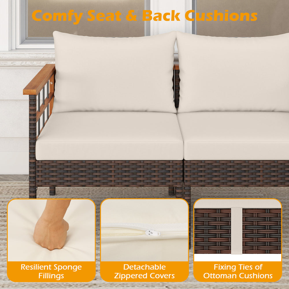 Patio rattan chair with white cushions, featuring zippered covers and solid acacia wood, perfect for backyard.