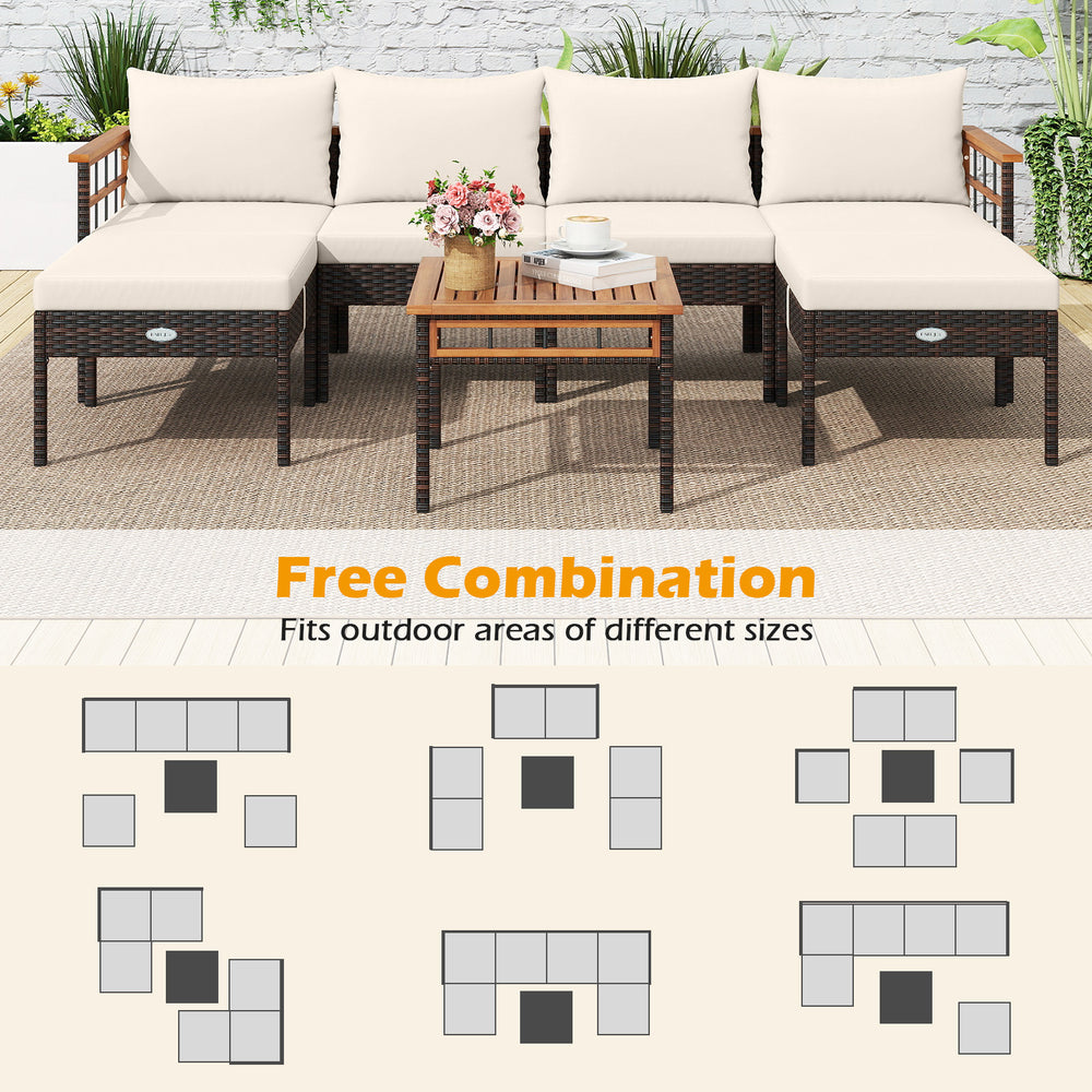 Patio rattan chairs with ottomans and side table in white, featuring soft cushions for comfortable outdoor relaxation.
