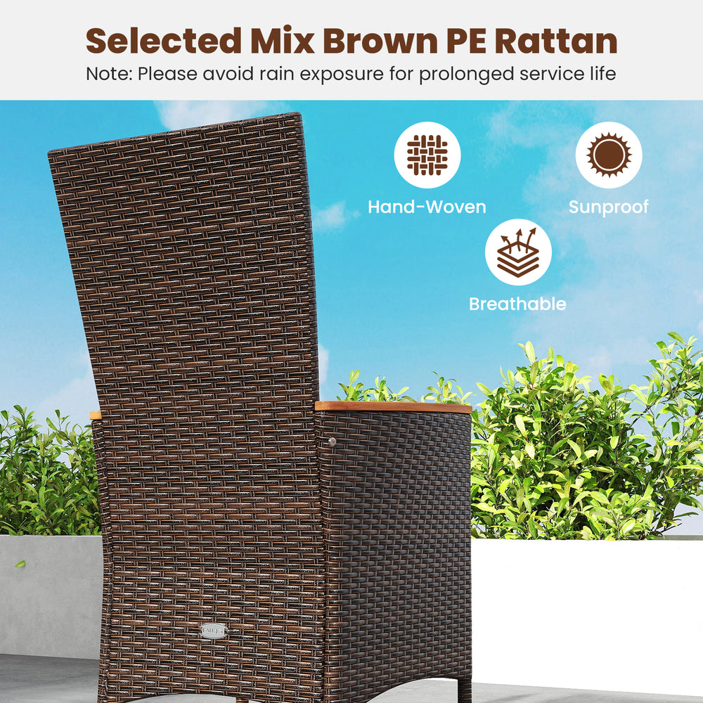 High backrest outdoor wicker dining chair made of handwoven PE rattan with acacia wood armrests for backyard comfort.