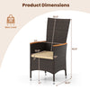 Patio rattan chair dimensions with high backrest, PE rattan, and acacia wood armrests for outdoor dining comfort.