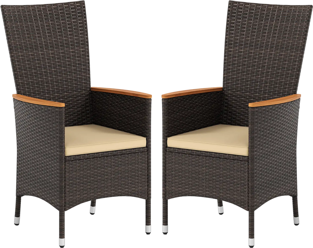 Set of 2 patio rattan chairs with high backrest and beige cushions, perfect for outdoor dining and relaxation.