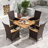 Patio rattan dining chairs set with high backrest and acacia wood armrests, perfect for outdoor dining and relaxation.