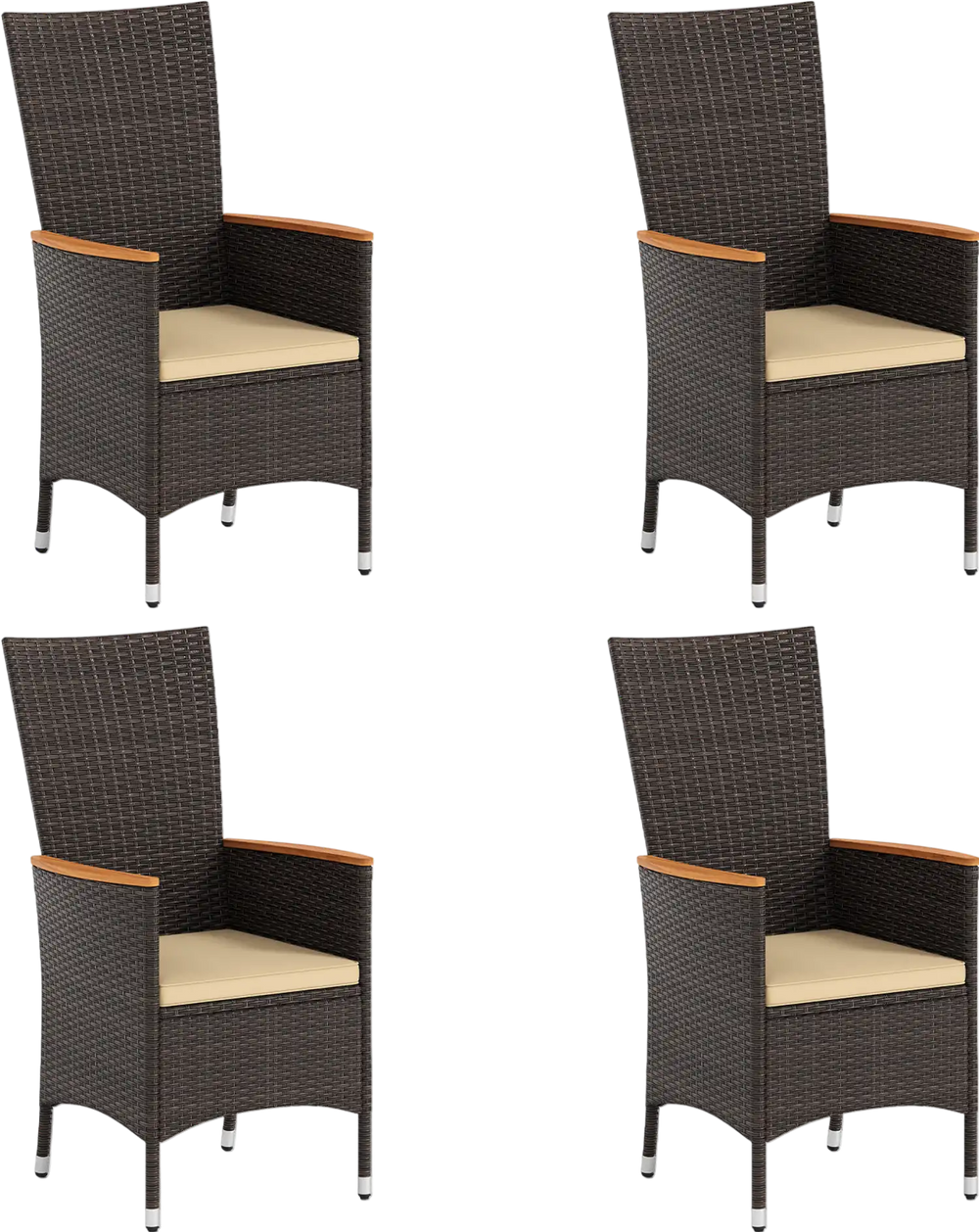 Set of 4 outdoor wicker dining chairs with high backrest, handwoven PE rattan and beige cushions for backyard comfort.