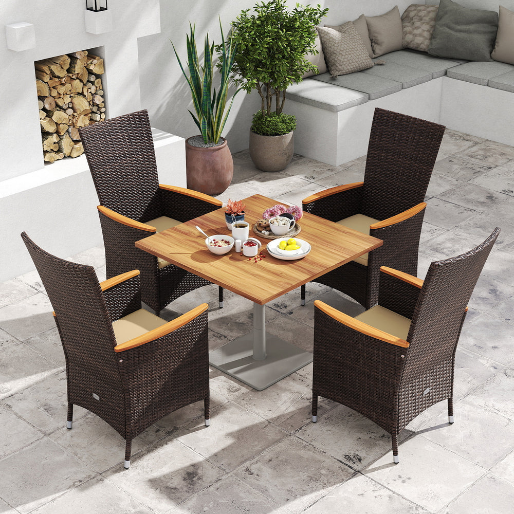 Set of 4 outdoor rattan dining chairs with high backrests and acacia wood armrests, perfect for patio dining.