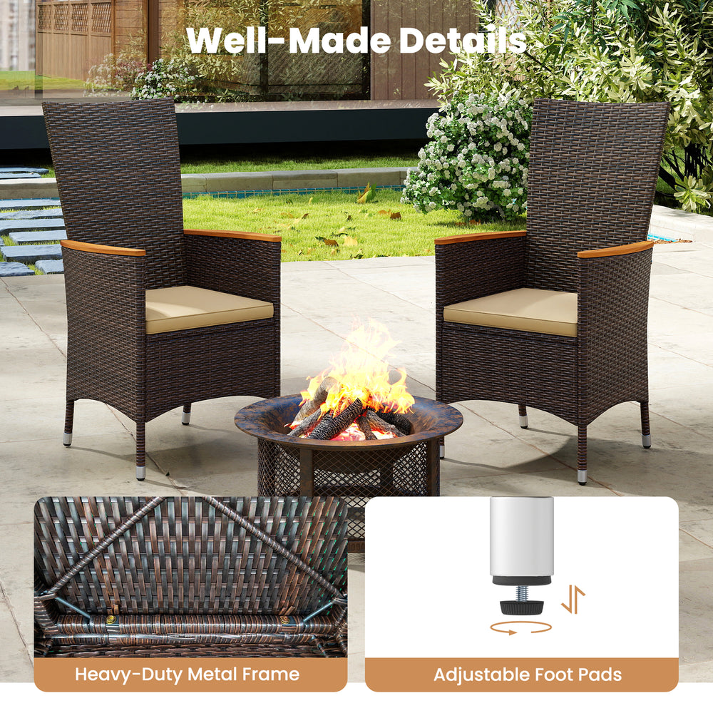 Patio rattan chairs set of 4 with high backrest, beige cushions, and heavy-duty metal frame for outdoor dining.