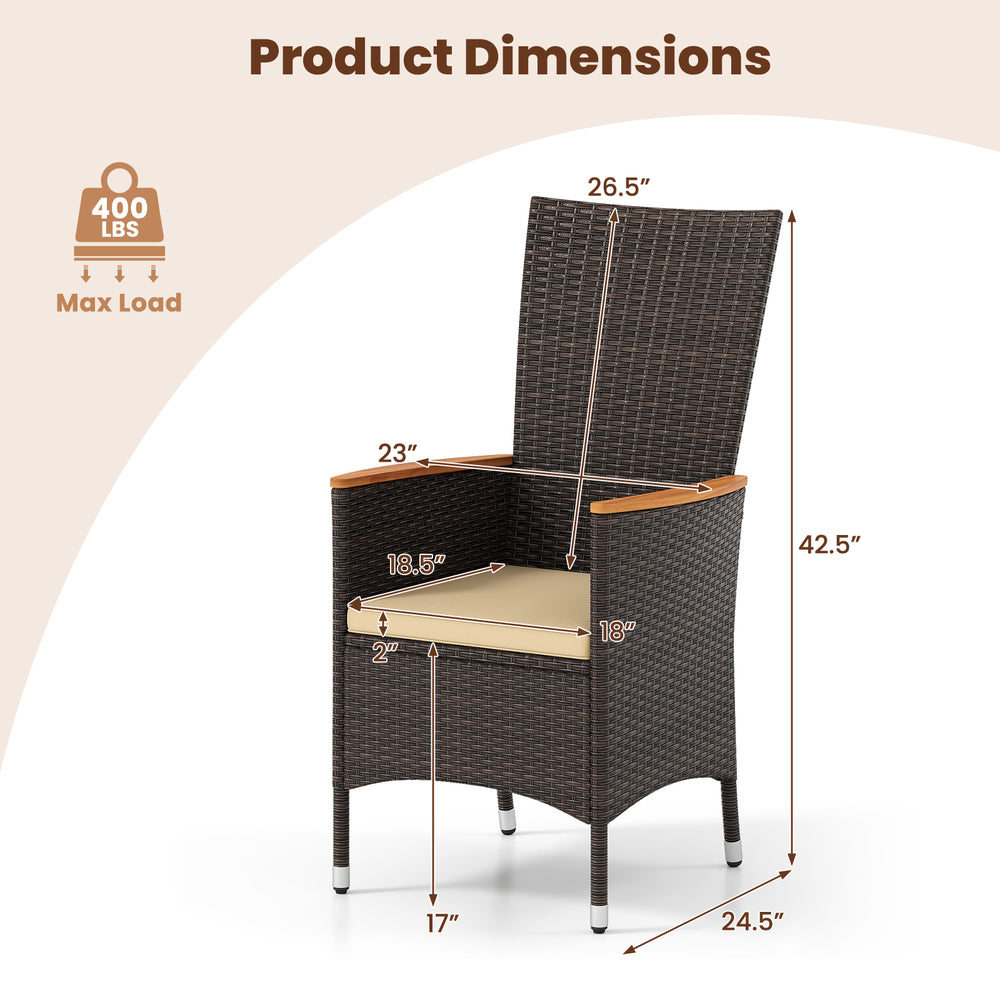 Patio rattan chair dimensions with high backrest, beige cushion, and acacia wood armrests for outdoor dining comfort.