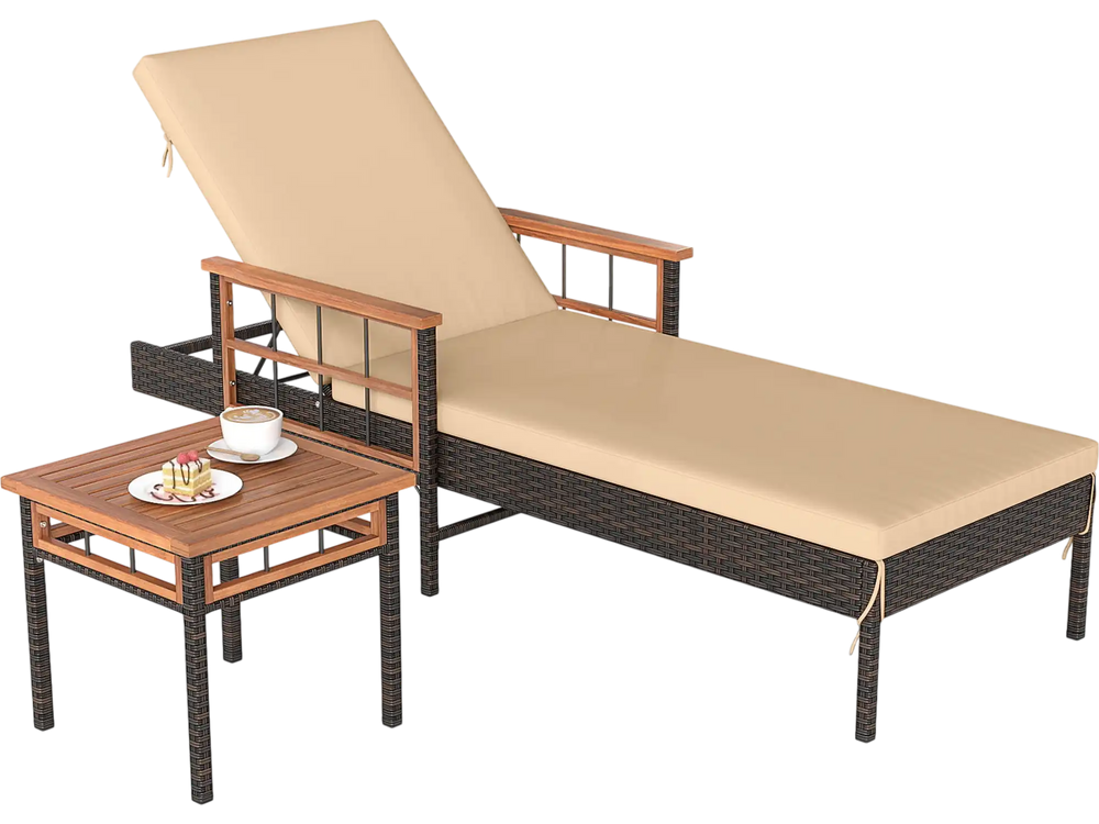Patio rattan chaise lounge with beige cushion and adjustable backrest, paired with a matching side table for outdoor.