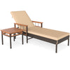 Patio rattan chaise lounge with adjustable backrest and side table in beige, perfect for outdoor relaxation.