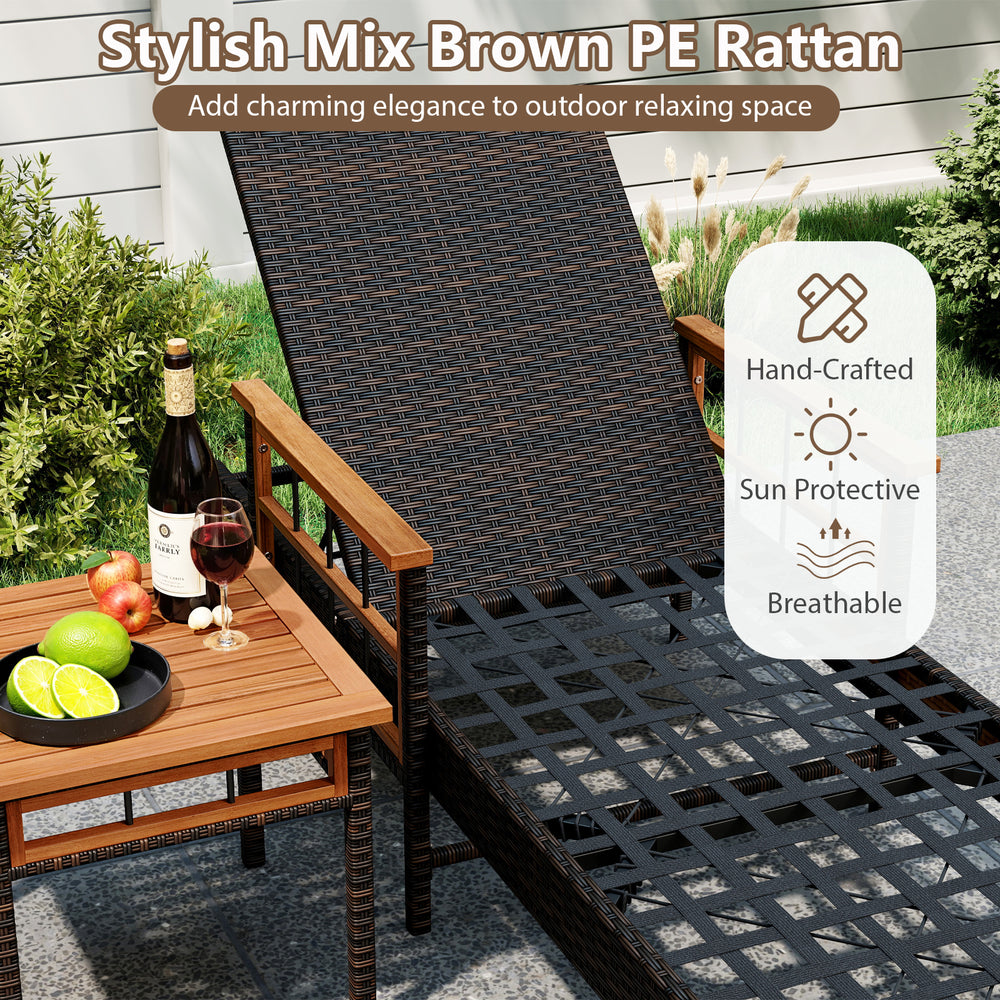 Patio rattan chaise lounge with adjustable backrest and side table, featuring hand-crafted mix brown PE rattan for.