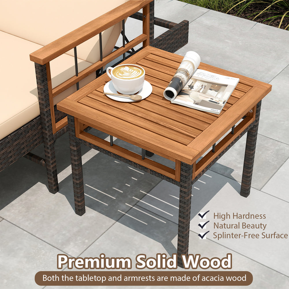 Side table made of premium solid wood, featuring a natural finish, complements the patio rattan chaise lounge.