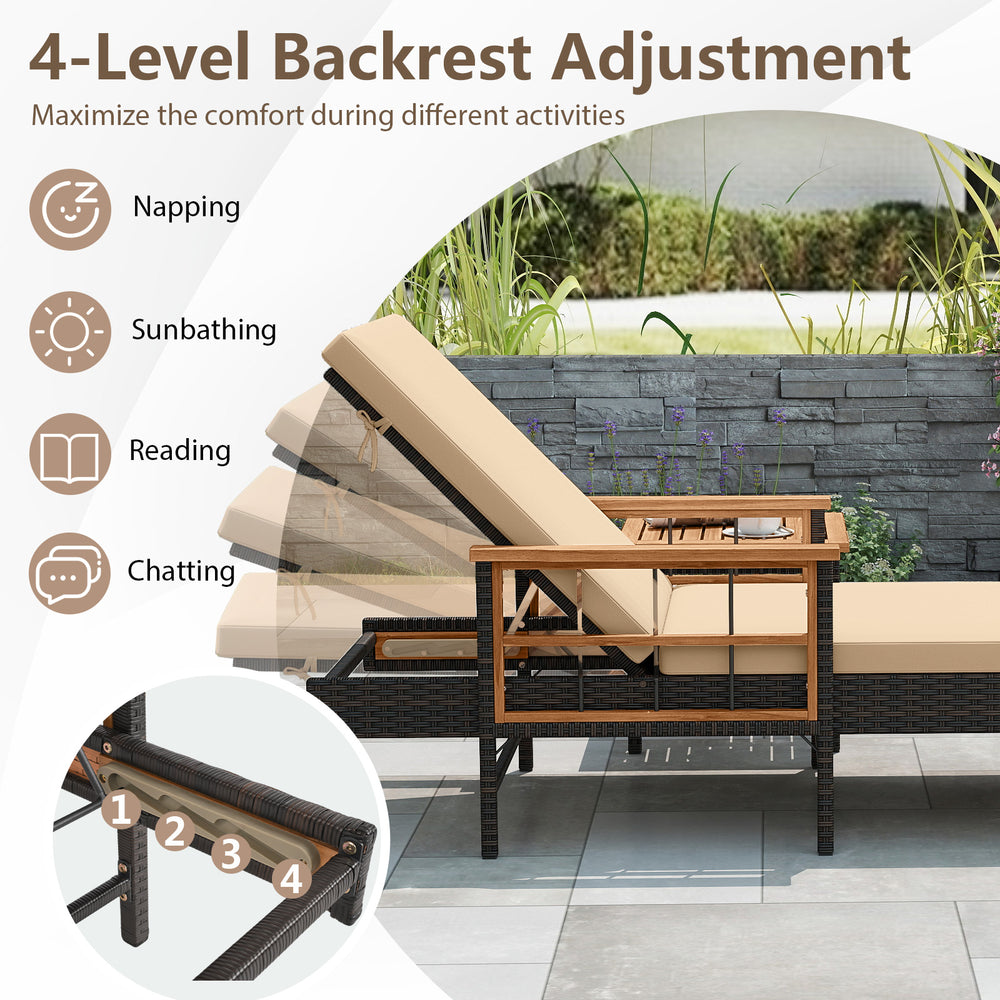 Patio rattan chaise lounge with adjustable 4-level backrest and side table, featuring beige cushions for outdoor.