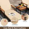 Patio rattan chaise lounge with beige cushions, adjustable backrest, and side table for stylish outdoor relaxation.