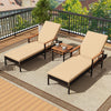 Patio rattan chaise lounge set with beige cushions, featuring adjustable backrests and acacia wood armrests for outdoor.