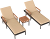 Two beige patio rattan chaise lounges with adjustable backrests and a wooden side table for outdoor relaxation.
