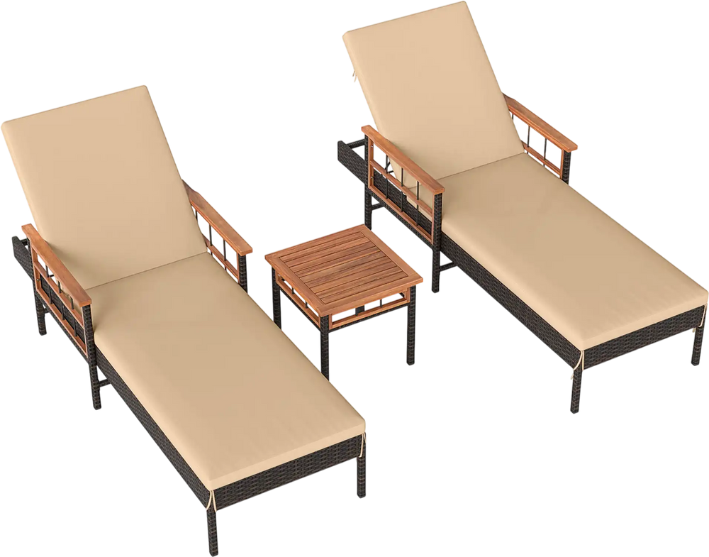 Two beige patio rattan chaise lounges with adjustable backrests and a wooden side table for outdoor relaxation.